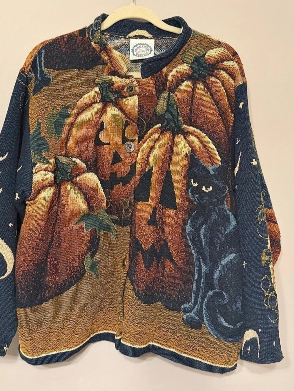 Sugar Street Weavers Halloween Black Cat and Pumpkins Tapestry Cardigan